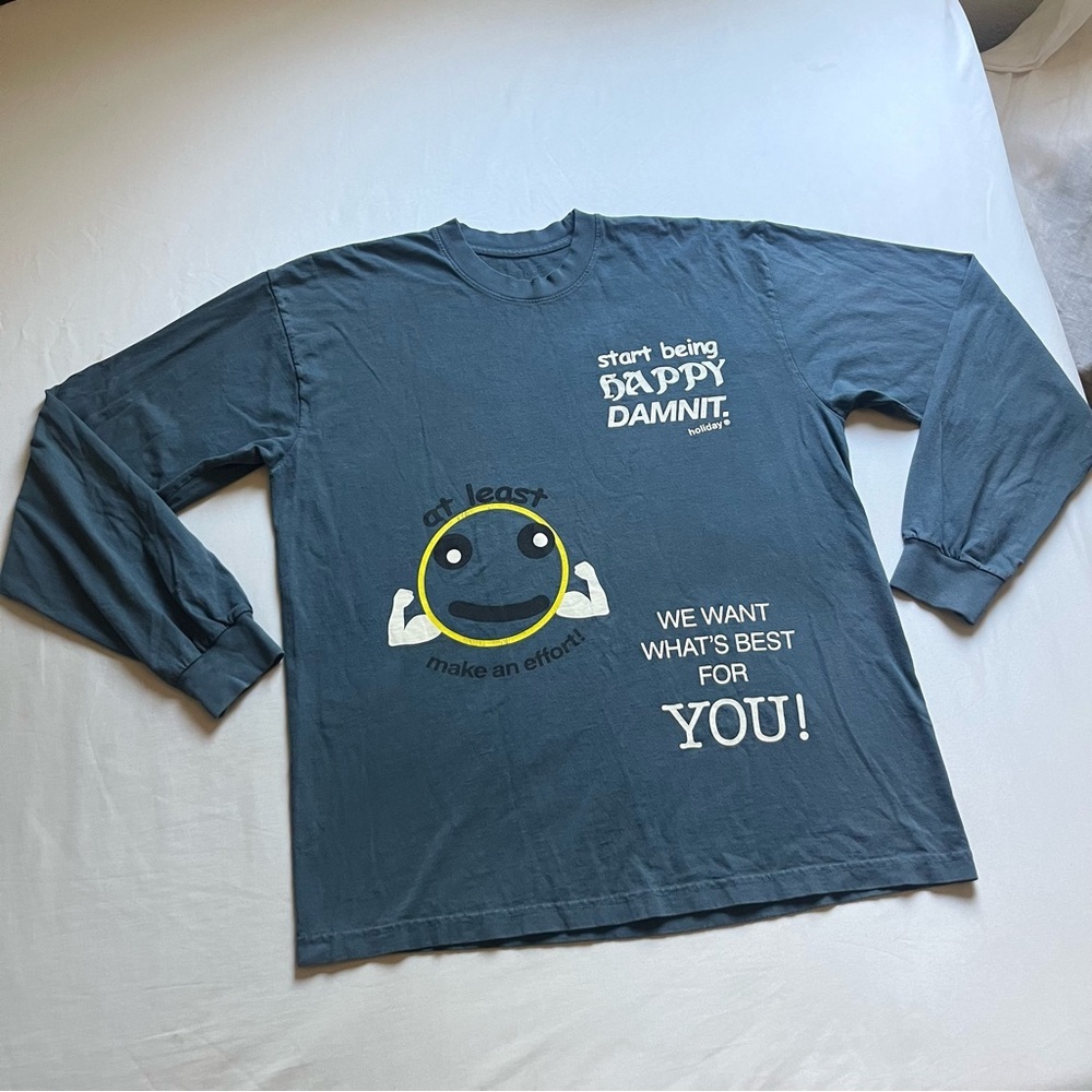 HOLIDAY LOS ANGELES blue graphic‎ text crew neck knit long sleeve T-shirt